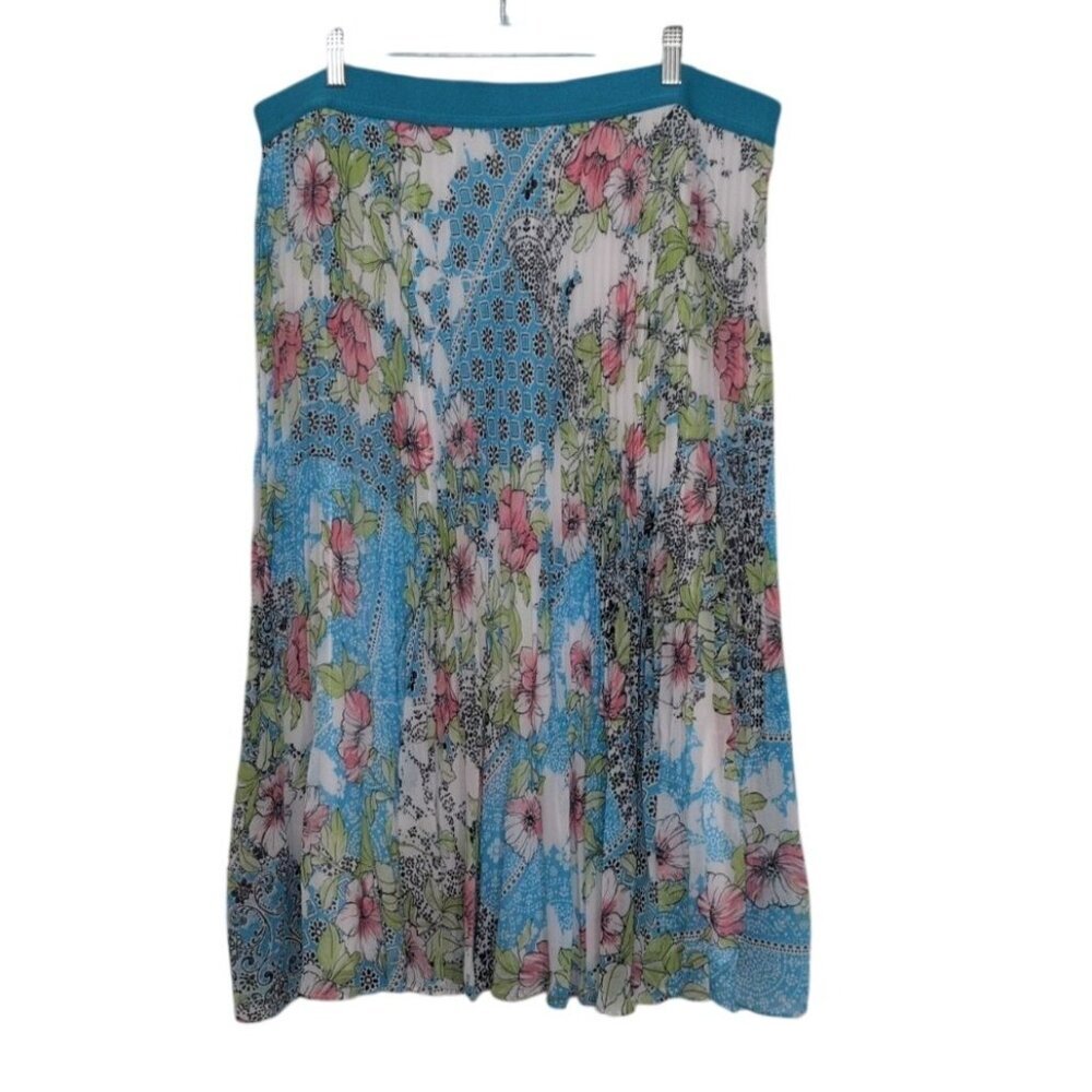 Ruby Rd Floral Pleated Maxi Skirt Womens Size 2X White Blue Lined Pull On